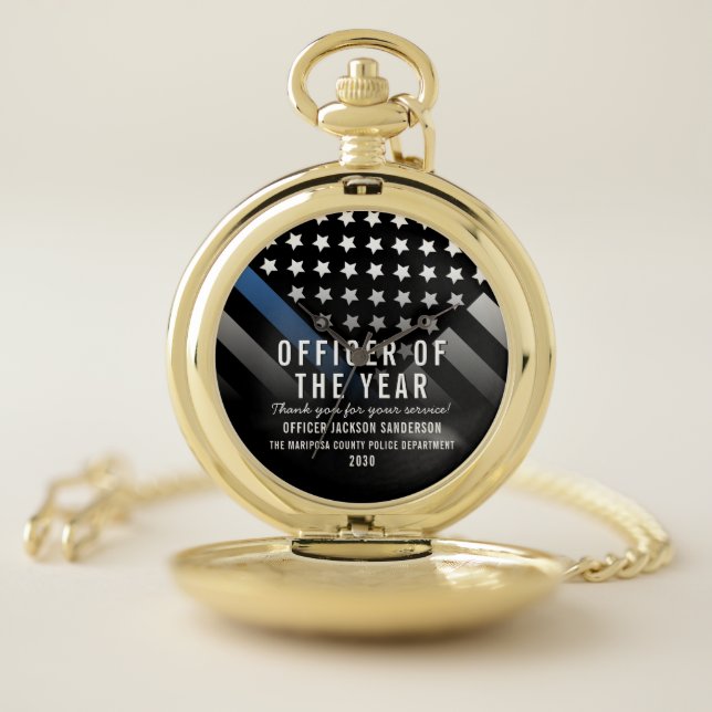 Police Officer of the Year Blue Line Flag Pocket Watch (Inside)