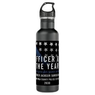 Police Officer of the Year Blue Line Flag Stainless Steel Water Bottle