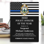Police Officer Of The Year Department Logo Award Plaque<br><div class="desc">Celebrate and show your appreciation to an outstanding Police Officer with this Thin Blue Line Police Officer Of The Year Award - American flag design in Police Flag colors , modern black blue design with custom police department logo. Personalize this police officer award with officers name, text with law enforcement...</div>