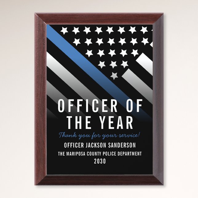 Police Officer of the Year Law Enforcement Award Plaque (Police Officer of the Year Thin Blue Line Flag Award Plaque)