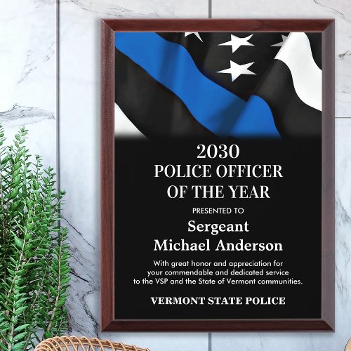 Police Officer Of The Year Personalized Blue Line Award Plaque