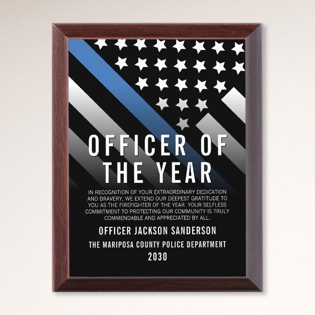 Police Officer of the Year Thin Blue Line Award Plaque (Police Officer of the Year Thin Blue Line Flag Award Plaque)