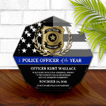 Police Officer of the Year Thin Blue Line Flag Acrylic Award<br><div class="desc">Personalized police officer of the year award,  featuring the classic thin blue line police flag,  and a gold badge and gold laurel wreath.</div>