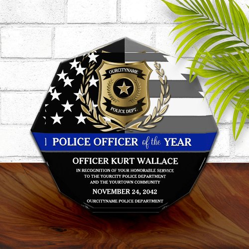 Police Officer of the Year Thin Blue Line Flag Acrylic Award