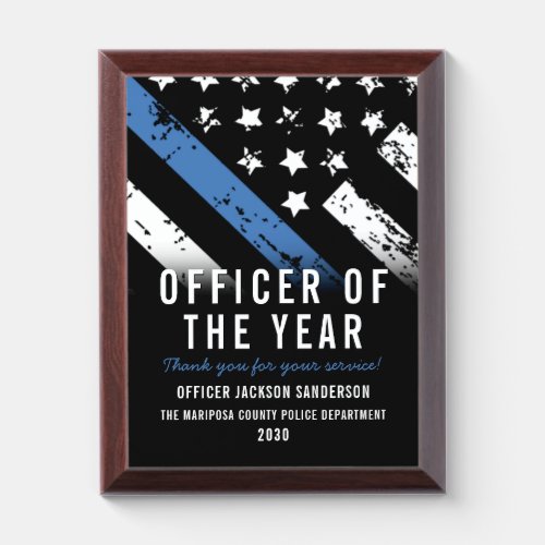 Police Officer of the Year Thin Blue Line Flag Award Plaque