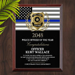 Police Officer of the Year Thin Blue Line Flag Award Plaque<br><div class="desc">Personalized police officer of the year award,  featuring the classic thin blue line police flag,  and a gold badge and gold laurel wreath.</div>