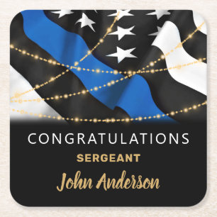 Police Officer Party Blue Gold Congratulations Square Paper Coaster