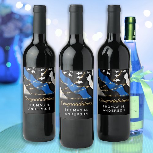Police Officer Party Congratulations Blue Gold Wine Label