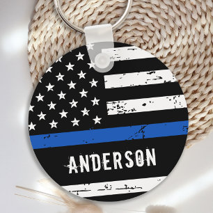 Police Officer Personalised Name Thin Blue Line Keychain