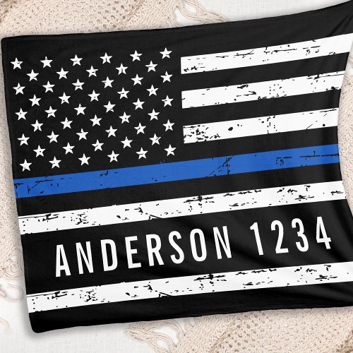 Police Officer Personalized Badge Thin Blue Line Fleece Blanket
