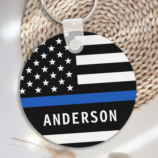 Police Officer Personalized Modern Thin Blue Line Keychain (Creator Uploaded)