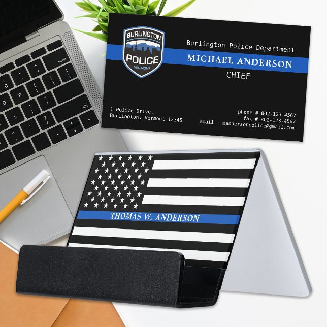 Police Officer Personalized Name Thin Blue Line Desk Business Card Holder (Creator Uploaded)