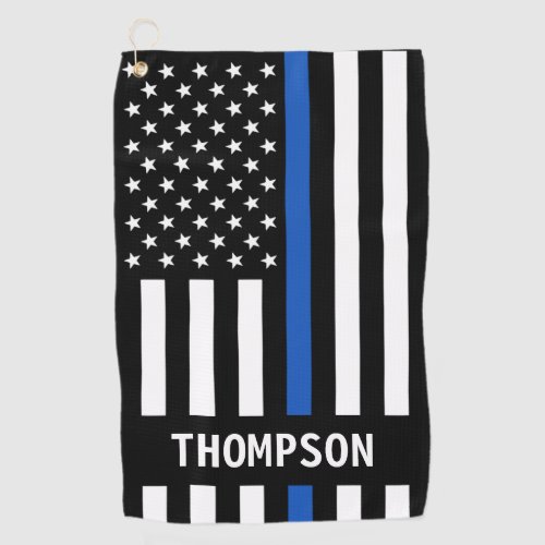 Police Officer Personalized Name Thin Blue Line Golf Towel - Thin Blue Line Police Golf Towels - USA American flag design in Police Flag colors, modern black blue design . This personalized police golf towels are perfect law enforcement officer gifts, police retirement gifts, police officer gifts. Personalize these police thin blue line golf towel with police officers name.
 COPYRIGHT © 2020 Judy Burrows, Black Dog Art - All Rights Reserved. Police Officer Personalized Name Thin Blue Line Golf Towel 