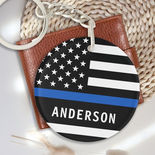 Police Officer Personalized Name Thin Blue Line  Keychain