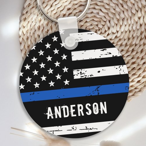 Police Officer Personalized Name Thin Blue Line Keychain