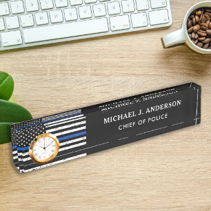 Police Officer Personalized Thin Blue Line Clock Desk Name Plate