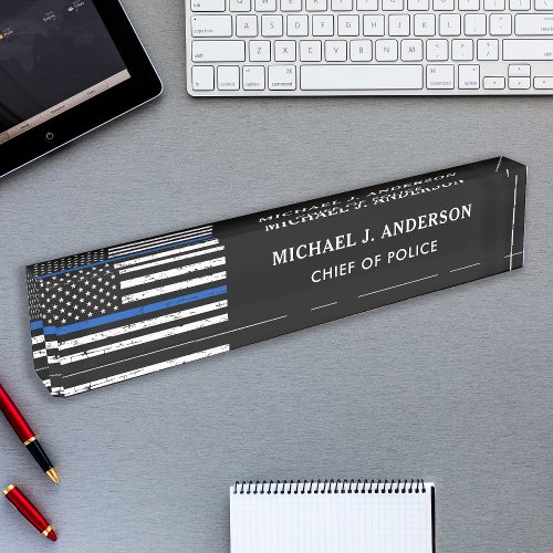 Police Officer Personalized Thin Blue Line Flag Desk Name Plate