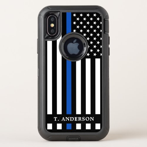 Police Officer Personalized Thin Blue Line Flag OtterBox Defender iPhone XS Case