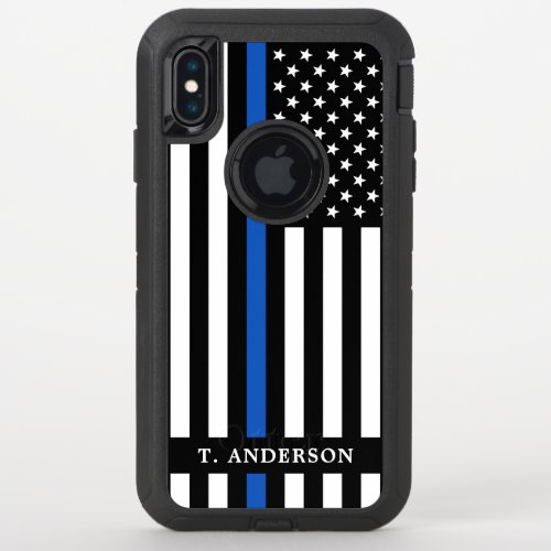 Police Officer Personalized Thin Blue Line Flag OtterBox Defender iPhone XS Max Case - Thin Blue Line iPhone 11 Case - American flag in Police Flag colors, modern black and blue design . Personalize with police officers name. This personalized police officer phone case is perfect for police departments. COPYRIGHT © 2020 Judy Burrows, Black Dog Art - All Rights Reserved. Police Officer Personalized Thin Blue Line Flag OtterBox Defender iPhone XS Max Case 