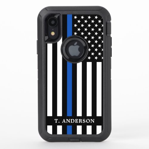 Police Officer Personalized Thin Blue Line Flag OtterBox Defender iPhone XR Case - Thin Blue Line iPhone 11 Case - American flag in Police Flag colors, modern black and blue design . Personalize with police officers name. This personalized police officer phone case is perfect for police departments. COPYRIGHT © 2020 Judy Burrows, Black Dog Art - All Rights Reserved. Police Officer Personalized Thin Blue Line Flag OtterBox Defender iPhone XR Case