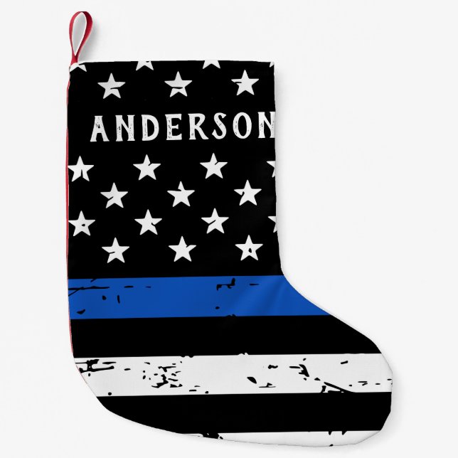 Police Officer Personalized Thin Blue Line Flag Small Christmas Stocking (Front)