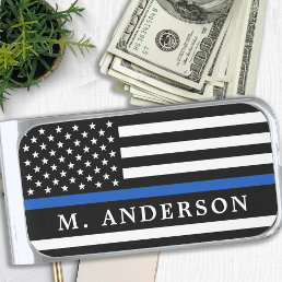 Police Officer Personalized Thin Blue Line  Silver Finish Money Clip