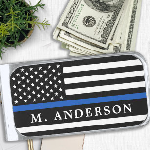 Police Officer Personalized Thin Blue Line Silver Finish Money Clip
