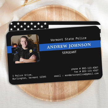 Police Officer Photo Blue Line Law Enforcement Business Card by BlackDogArtJudy at Zazzle