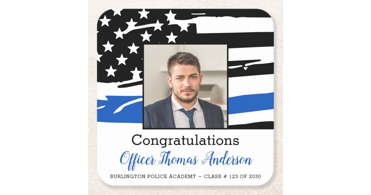 Police Officer Photo Thin Blue Line Graduation Square Paper Coaster ...