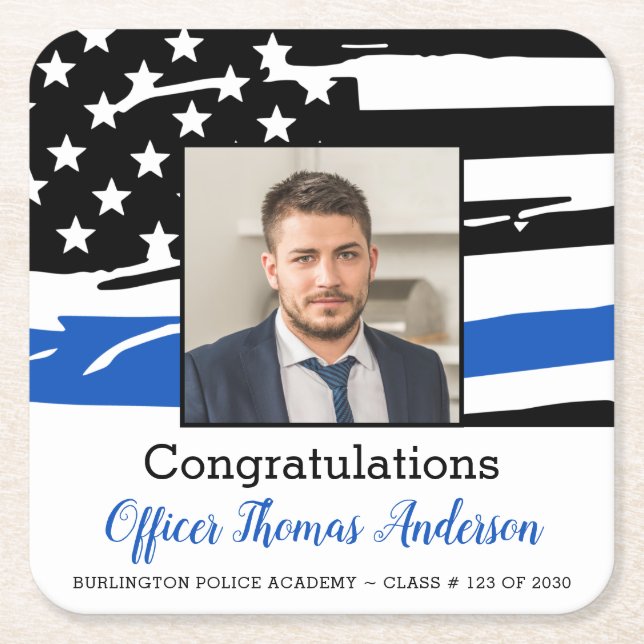 Police Officer Photo Thin Blue Line Graduation Square Paper Coaster (Front)