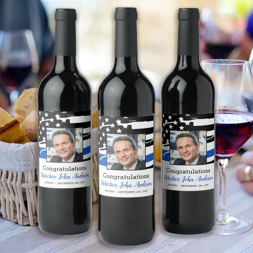 Police Officer Photo Thin Blue Line Retirement Wine Label