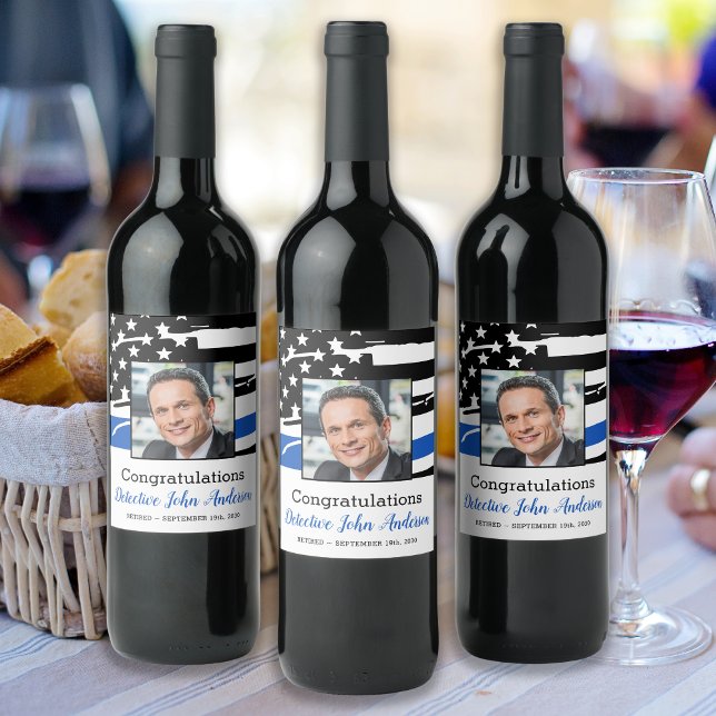 Police Officer Photo Thin Blue Line Retirement Wine Label (Creator Uploaded)