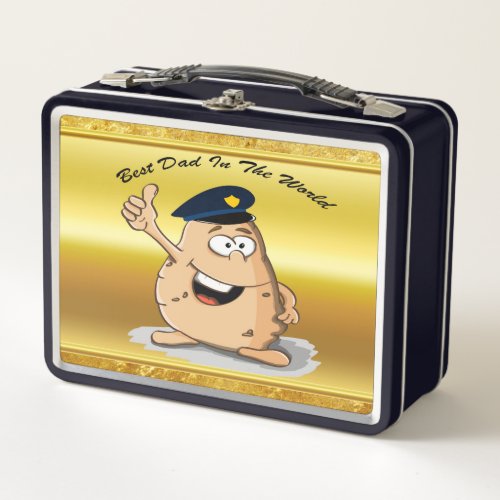 Police officer potato with a blue police hat metal lunch box