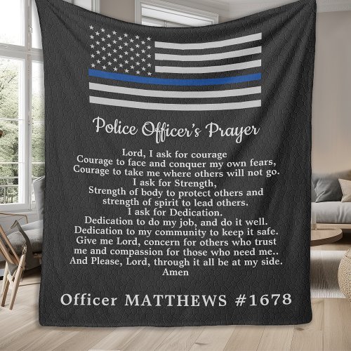 Police Officer Prayer Faux Leather Thin Blue Line Fleece Blanket