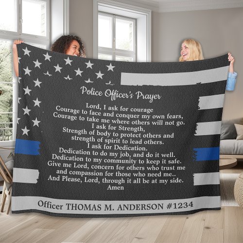 Police Officer Prayer Gray Leather Thin Blue Line Fleece Blanket