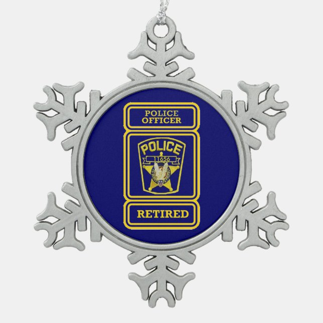 Police Officer Retired Badge Snowflake Pewter Christmas Ornament (Front)