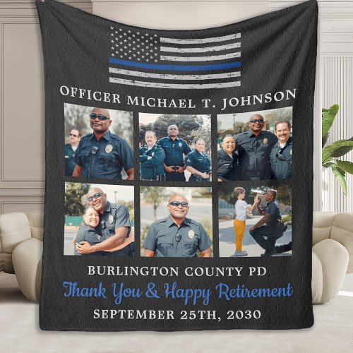 Police Officer Retirement 6 Photo Thin Blue Line F Fleece Blanket