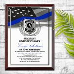 Police Officer Retirement  Award Plaque<br><div class="desc">Classy badge and waving thin blue line police flag design. Silver badge,  silver laurel wreath and metallic look border frame.</div>