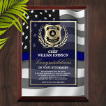Police Officer Retirement  Award Plaque<br><div class="desc">Classy gold badge and thin blue line police flag design.</div>