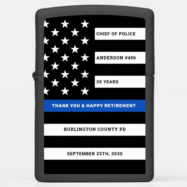 Police Officer Retirement Custom Thin Blue Line Zippo Lighter (Front)