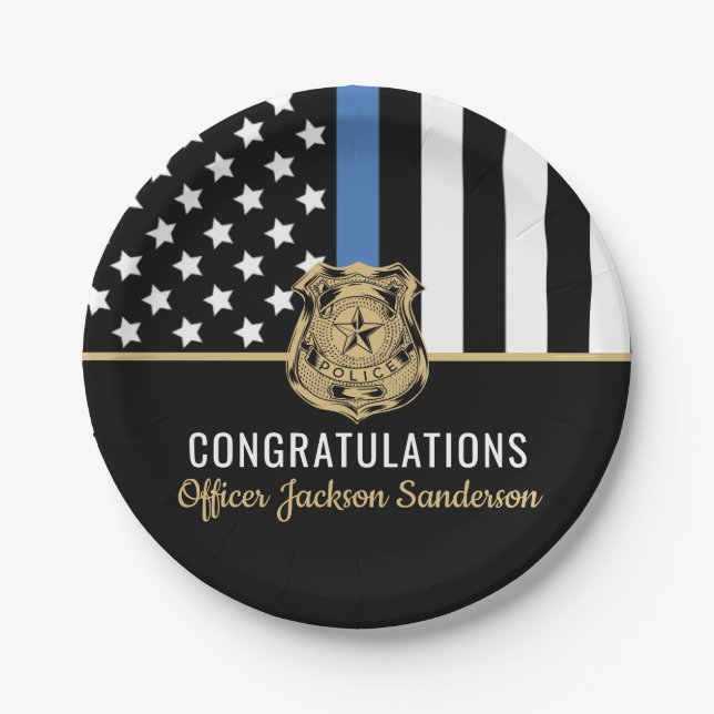 Police Officer Retirement Law Thin Blue Line Flag Paper Plates (Front)