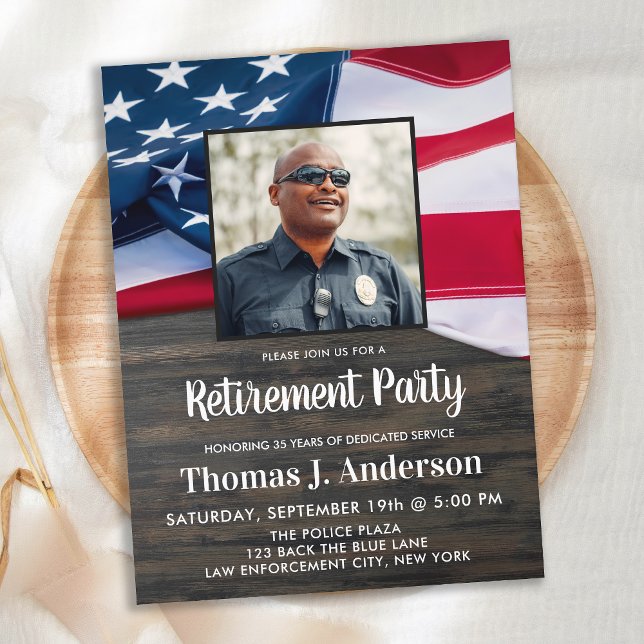 Police Officer Retirement Photo American Flag Invi Invitation Postcard (Creator Uploaded)