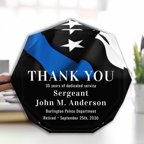 Police Officer Retirement Thank You Thin Blue Line Acrylic Award
