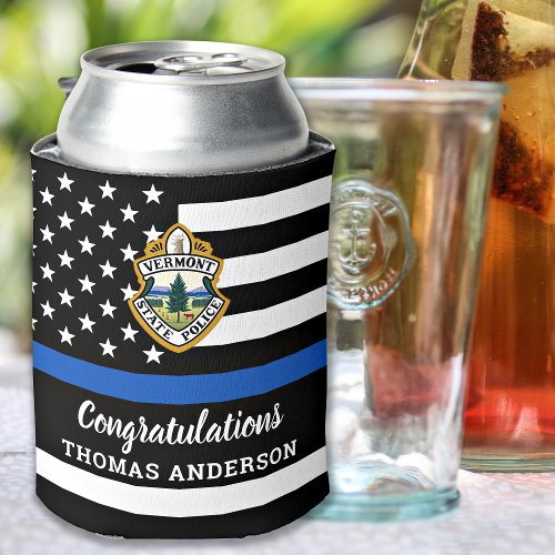 Police Officer Retirement Thin Blue Line Logo Can Cooler