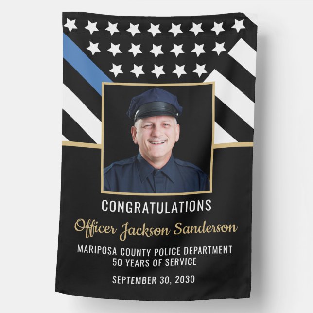 Police Officer Retirement Thin Blue Line Photo House Flag (Front)