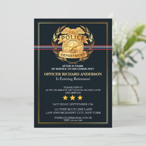 Police Officer Retirement WIith Gold Badge Shield  Invitation