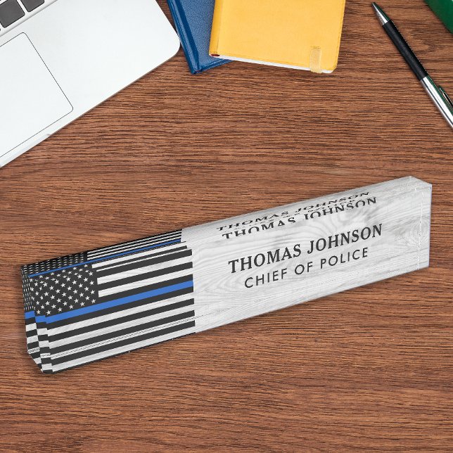 Police Officer Rustic Wood Thin Blue Line Flag Desk Name Plate (Creator Uploaded)