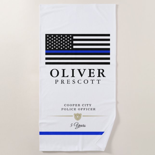 Police Officer | Service Anniversary White Beach Towel (Front)