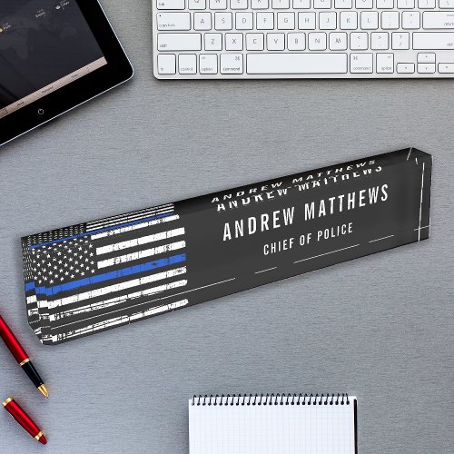 Police Officer Thin Blue Line American Flag Desk Name Plate