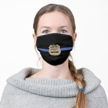 Police Officer Thin Blue Line Badge Number | Name Adult Cloth Face Mask by hhbusiness at Zazzle